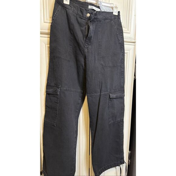 Zara Women's High Rise Elastic Back Waist Cargo Jogger Jeans Black Small - Picture 7 of 13